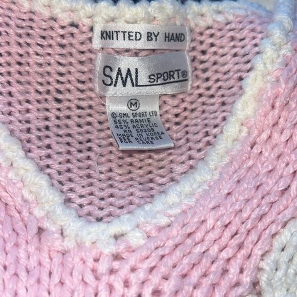 SML Sport Womens Hand-Knit Pink V-Neck Floral Sweater Medium Ramie Blend Vintage - Picture 9 of 11